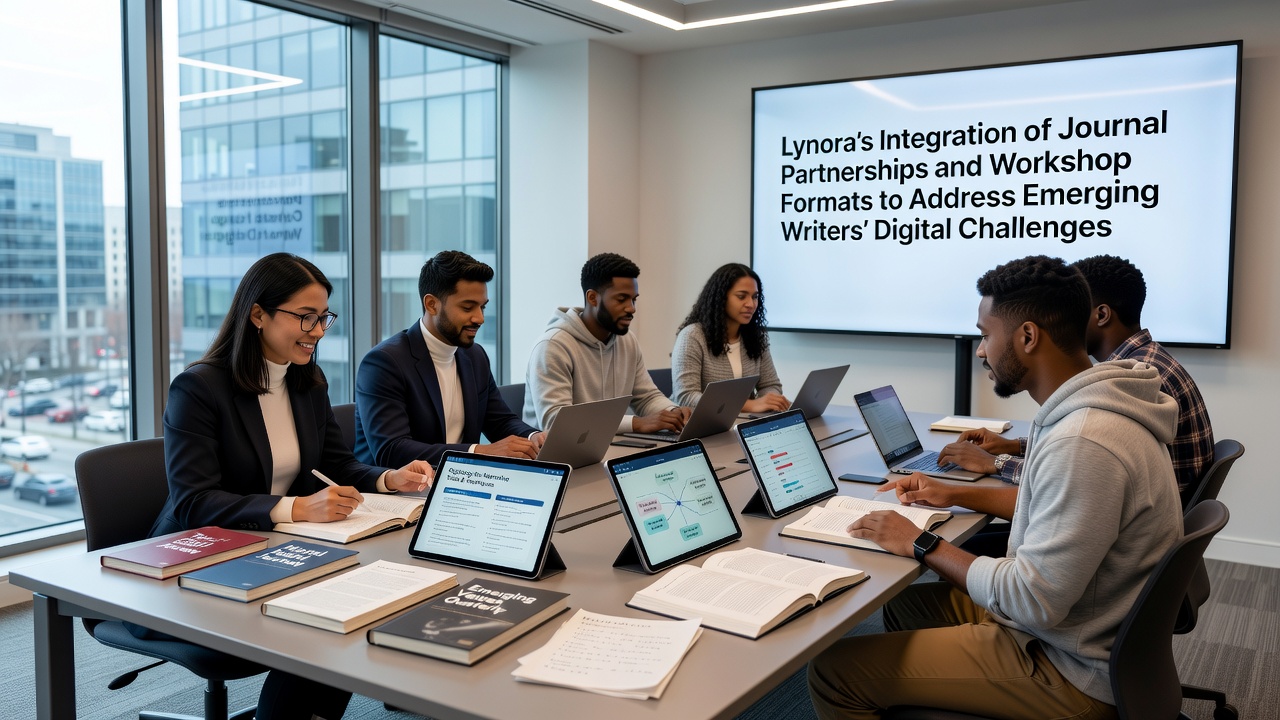 Participants in a Lynora workshop reviewing digital publishing workflows on shared screens